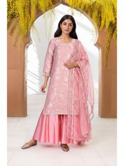 W - Pink Straight Kurta Sharara and Dupatta