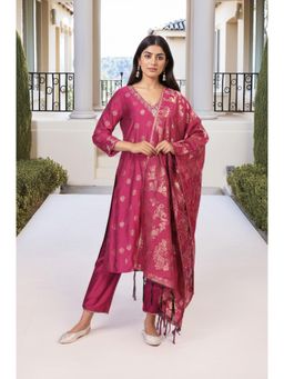 W - Magenta Embroidered A-Line Kurta with Pant and Dupatta