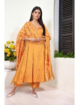 W - Mustard Embroidered Anarkali Kurta Pant and Dupatta