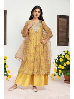 W - Yellow Embroidered Anarkali Kurta Pant and Dupatta