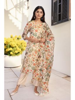 W - Off-White Floral Printed Straight Tissue Kurta with Straight Pant and Dupatta