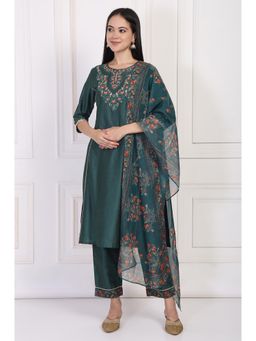 W - Teal Embroidered A-Line Kurta Pant and Dupatta