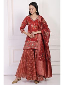 W - Red Embroidered Straight Kurta with Sharara and Dupatta