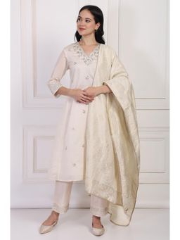 W - Off-White Embroidered A-Line Kurta Pant and Dupatta