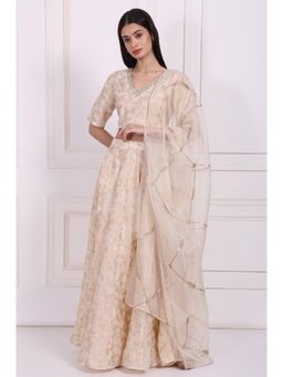 W - Cream Embellished Maxi Jacquard Blouse with Skirt and Dupatta