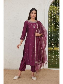 W - Embroidered Straight Kurta Pant and Dupatta- Wine