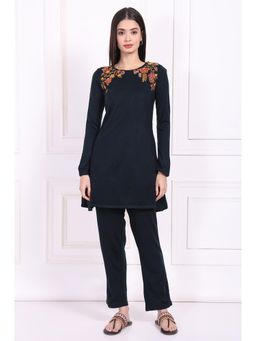 W - Blue Embroidered A-Line Acrylic Kurta with Straight Pant