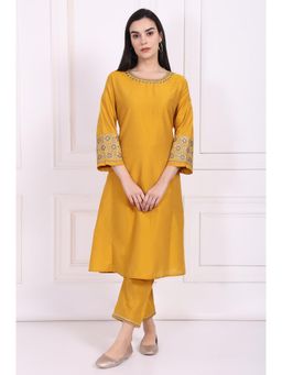 W - Yellow Embroidered A-Line Rayon Kurta with Pant