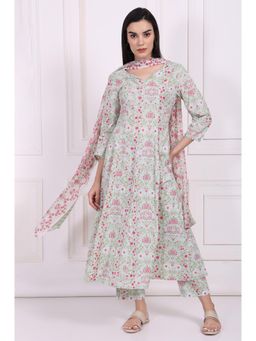 W - Light Green Floral Printed Lace Trim Anarkali Kurta Pant and Dupatta