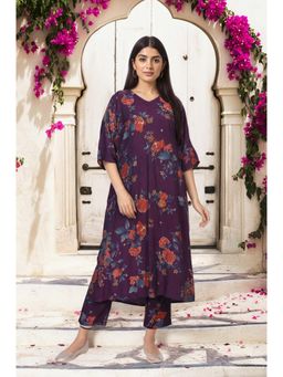 W - Purple Floral Printed A-line Rayon Kurta with Pant
