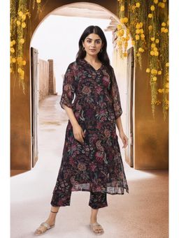 W - Black Floral Printed A-Line Kurta with Pant