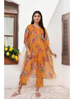 W - Orange Floral Printed Sequined Chiffon Kaftan with Pant
