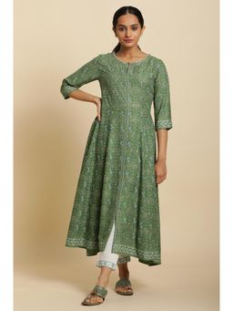 W - Green Embroidered Anarkali Kurta with Straight Pant