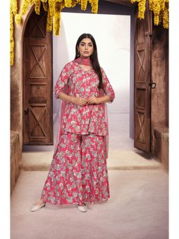 W - Pink Floral Printed Lace Kurta Sharara and Dupatta