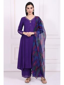 W - Purple Embroidered Anarkali Kurta Pant and Dupatta