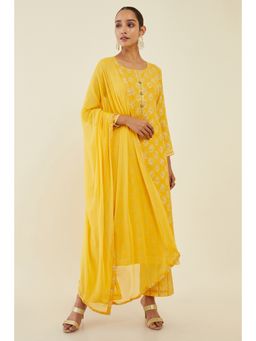 Soch - Women Mustard Cotton Printed Dress Material (Set of 3)