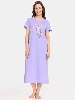 Zivame - Rosaline Bloom Fest Knit Cotton Mid Length Nightdress - Baby Lavendar