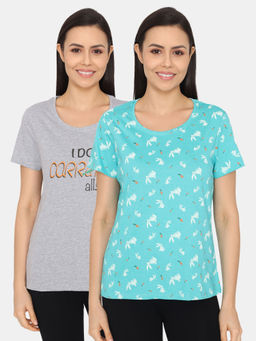 Zivame - Rosaline Bloom Fest Knit Cotton T-Shirts - Blue Grey (Pack of 2)