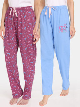 Zivame - Rosaline Bloom Fest Knit Cotton Pyjama - Purple Blue (Pack of 2)
