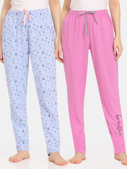Zivame - Rosaline Bloom Fest Knit Cotton Pyjama - Blue Pink (Pack of 2)