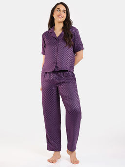 Zivame - Checkered Sheen Woven Shirt and Pyjama - Wineberry (Set of 2)