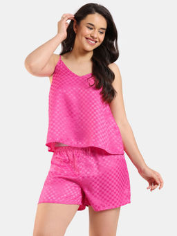 Zivame - Checkered Sheen Woven Top and Shorts - Pink Yarrow (Set of 2)