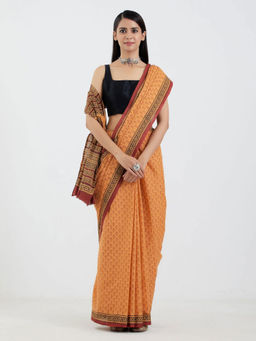 AUJJESSA - Mulmul Mustard and Marron Handcrafted Saree without Blouse