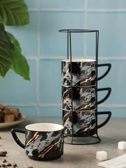 The Decor Mart - Aesthetic Marble Ceramic Mugs With Stand- Set Of 4