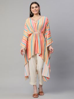Ahalyaa - Women Multi Color Crepe Striped Printed Kaftan Kurta With Trousers (Set of 2)