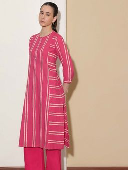 Pink Fort - Cotton Dabu Handblock Striped Printed Kurta Pink (Set of 2)