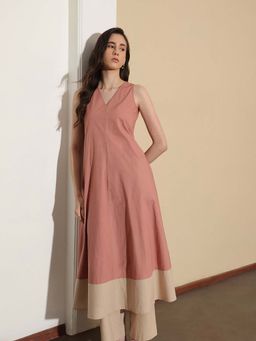 Pink Fort - Peach & Beige Linen Blend Colourblock A-Line Kurta with Pant (Set of 2)