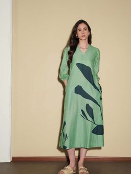 Pink Fort - Cotton Floral A-Line Dress - Green