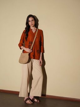 Pink Fort - Cotton Floral Pleated Orange Top