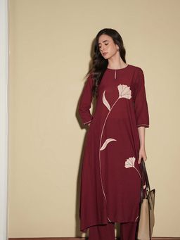 Pink Fort - Cotton A-Line Maroon Floral Print Round Neck Kurta with Pant