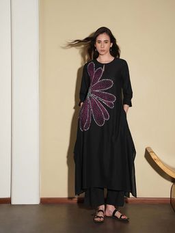 Pink Fort - Pure Cotton A-Line Black Bandhani Printed Kurta with Pant