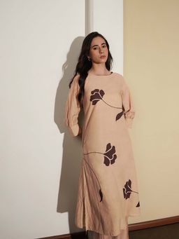 Pink Fort - Pure Cotton A-Line Beige Round Neck Floral Kurta with Pant