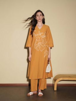 Pink Fort - Pure Cotton A-Line Mustard Floral Printed Kurta with Pant