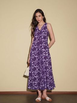 Pink Fort - Cotton Purple A-Line V-Neck Abstract Midi Dress