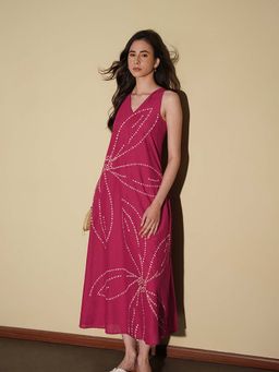 Pink Fort - Cotton Magenta A-Line V-Neck Floral Midi Dress