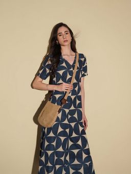 Pink Fort - Cotton Navy Blue A-Line V-Neck Geometric Midi Dress