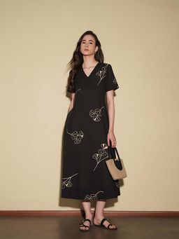 Pink Fort - Cotton Black A-Line V-Neck Floral Midi Dress