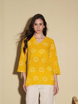 Pink Fort - Women Yellow Cotton Floral Regular Fit Tops