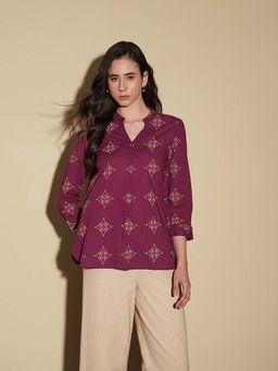 Pink Fort - Women Magenta Cotton Floral Regular Fit Tops