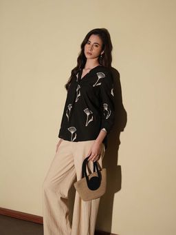 Pink Fort - Women Black Cotton Floral Relaxed Fit Tops