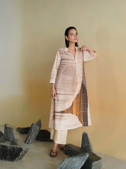 Pink Fort - Beige Cotton Striped Shirt Collar Kurta with Pant