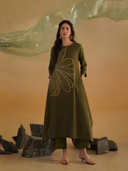 Pink Fort - Olive Cotton Bandhani-Inspired Print Kurta with Pant