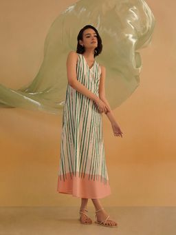 Pink Fort - Women Cotton Off White Striped A-Line Midi Dress