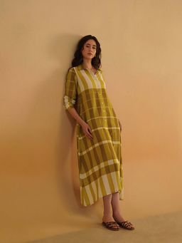 Pink Fort - Women Cotton Mustard Striped Collar Neck A-Line Midi Dress