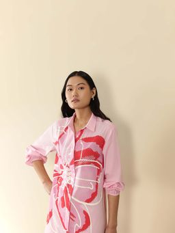 Pink Fort - Women Cotton Pink Floral Printed Shirt Collar Midi Dress