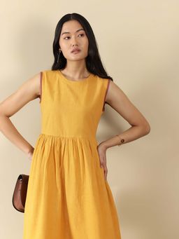 Pink Fort - Women Linen Blend Mustard Solid Fit & Flare Dress